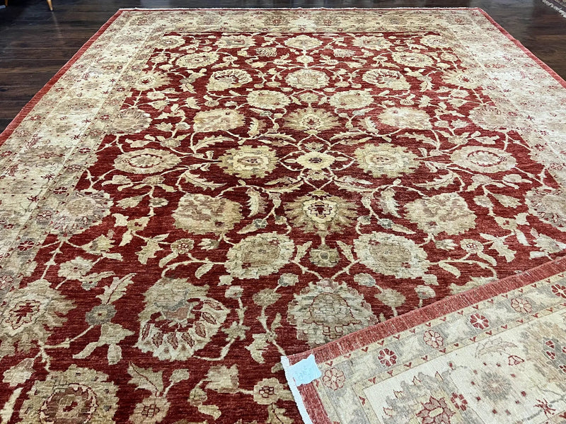 Pak Persian Rug 10x14, Sultanabad Mahal Peshawar Chobi Carpet, Large Vintage Wool Oriental Rug, Maroon & Beige, Floral Allover, Handmade by Jewel Rugs