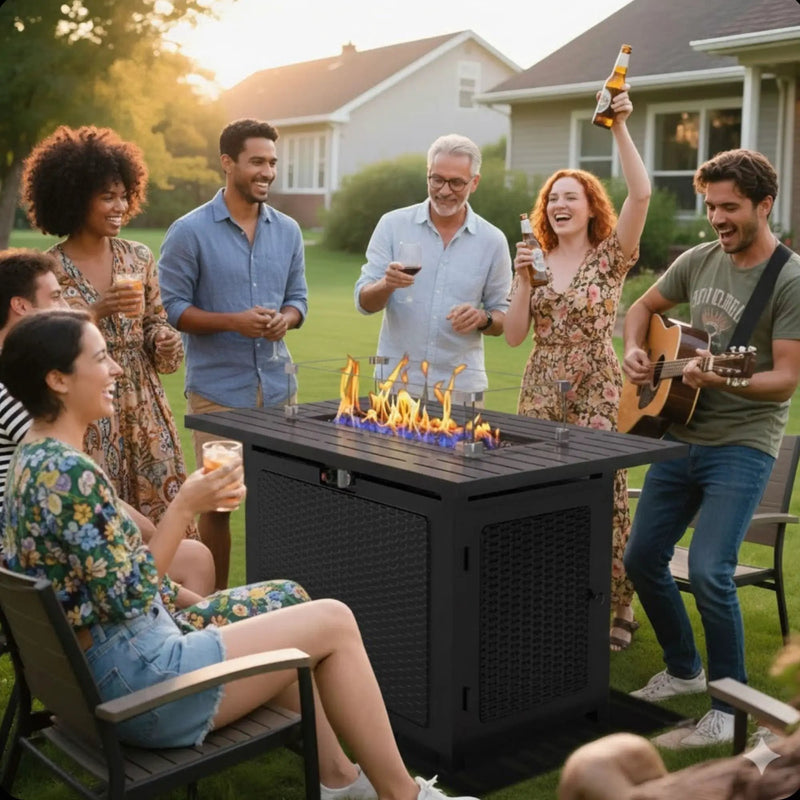 Outdoor 2 In 1 Propane Fire Pit Table With Lid & Glass Shield, Rectangular Fire Table, Lava Rock & Cover - Black by HouseOfZazla