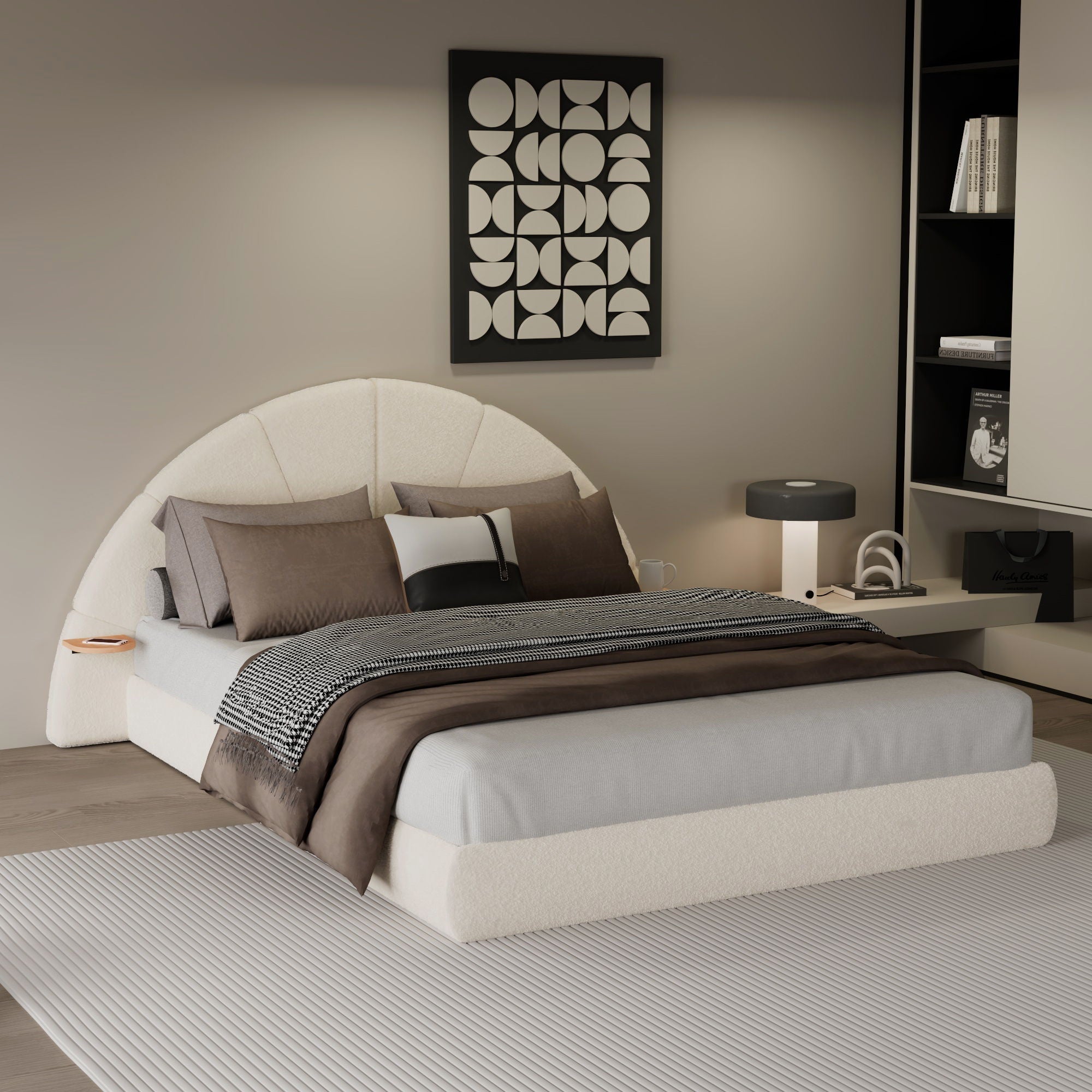 Queen Arched Bed With Small Table, Floor Standing Design - Beige by HouseOfZazla