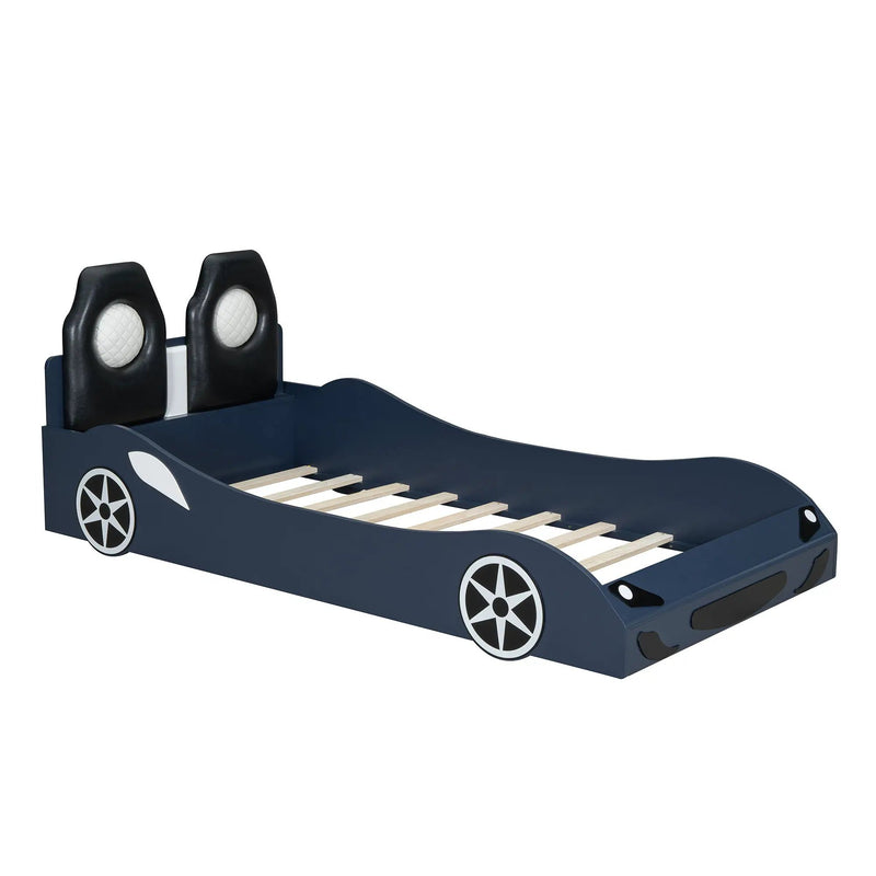 Race Car Shaped Platform Bed With LED And Upholstered Backrest In by Unique Piece Furniture