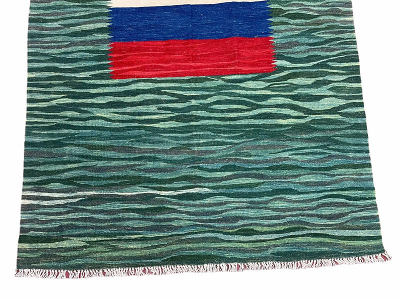 Sea Green Kilim Area Rug, White Blue Red Stripes, Russian Flag Rug, Flatweave Hand Knotted Carpet, Turkish Carpet, Wool, New, 5' 6" x 7' 10" by Jewel Rugs