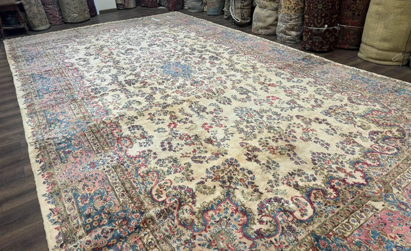 Palace Size Persian Kerman Rug 11x20 ft, Very Fine 340 KPSI, Vintage Oversized Wool Handmade Large Persian Carpet, Beige Light Blue Pink by Jewel Rugs