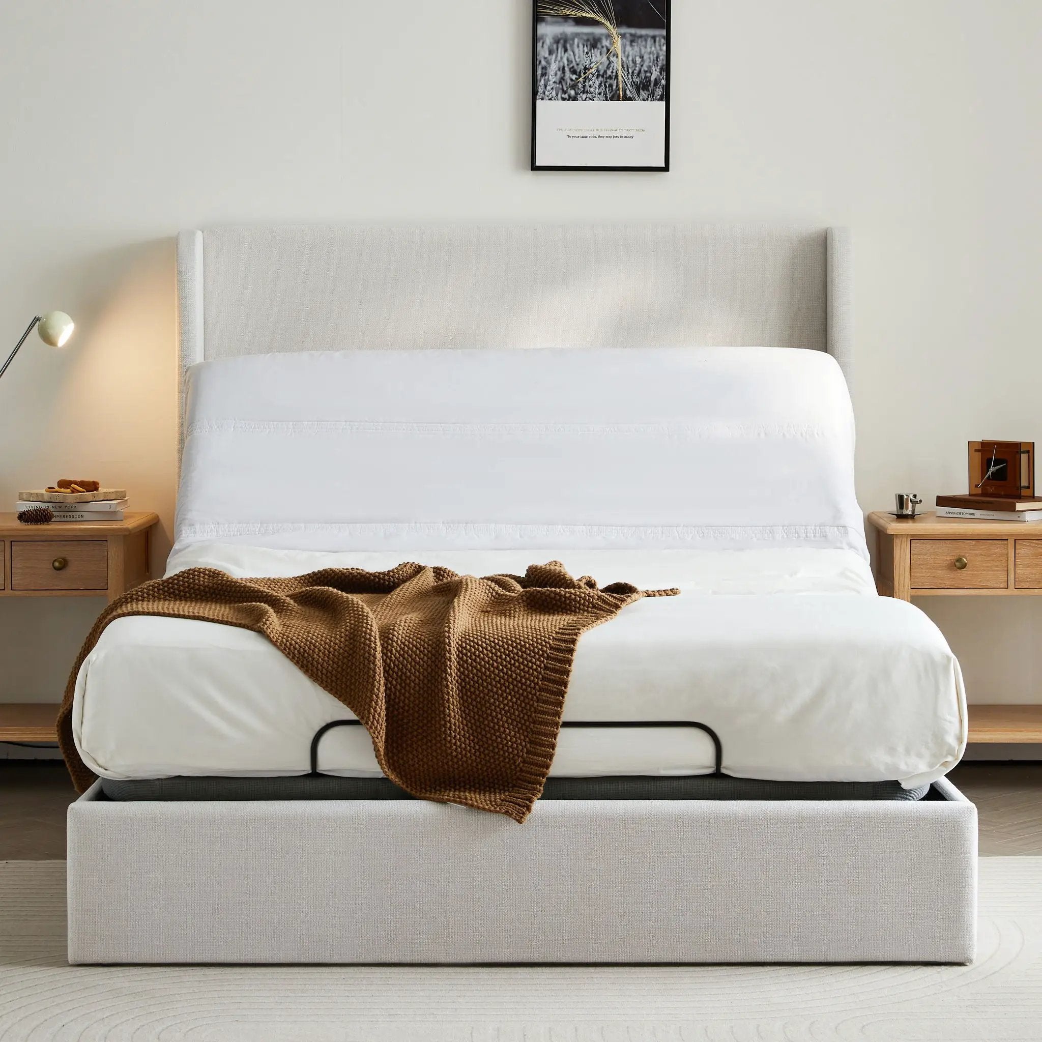 Caron - Queen Size Upholstered Wingback Bed With Adjustable Base Bundle Set - Ivory by Unique Piece Furniture