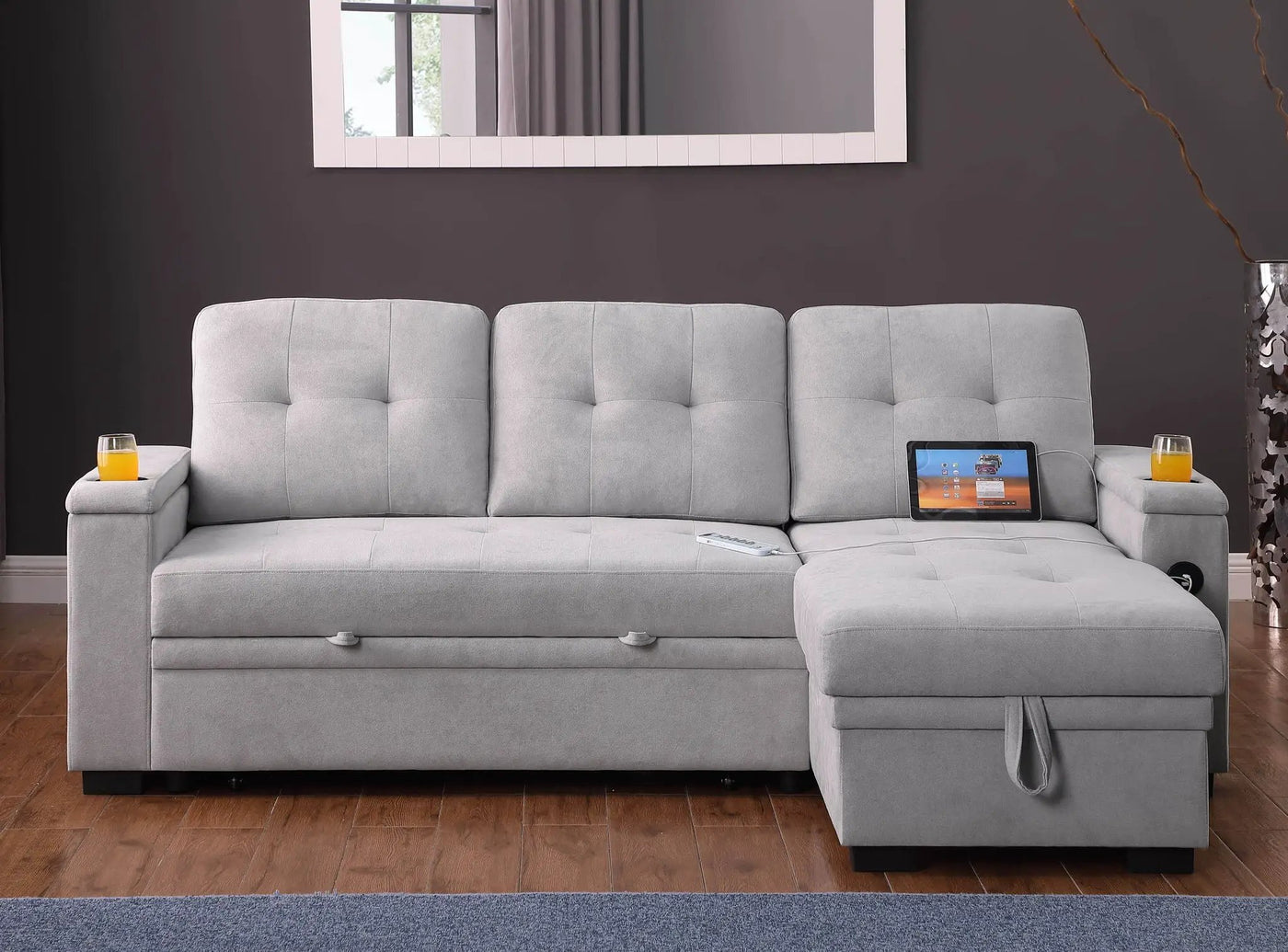 Ashlyn II - 84"W Woven Fabric Reversible Sleeper Sectional Sofa with Storage Chaise by Unique Piece Furniture