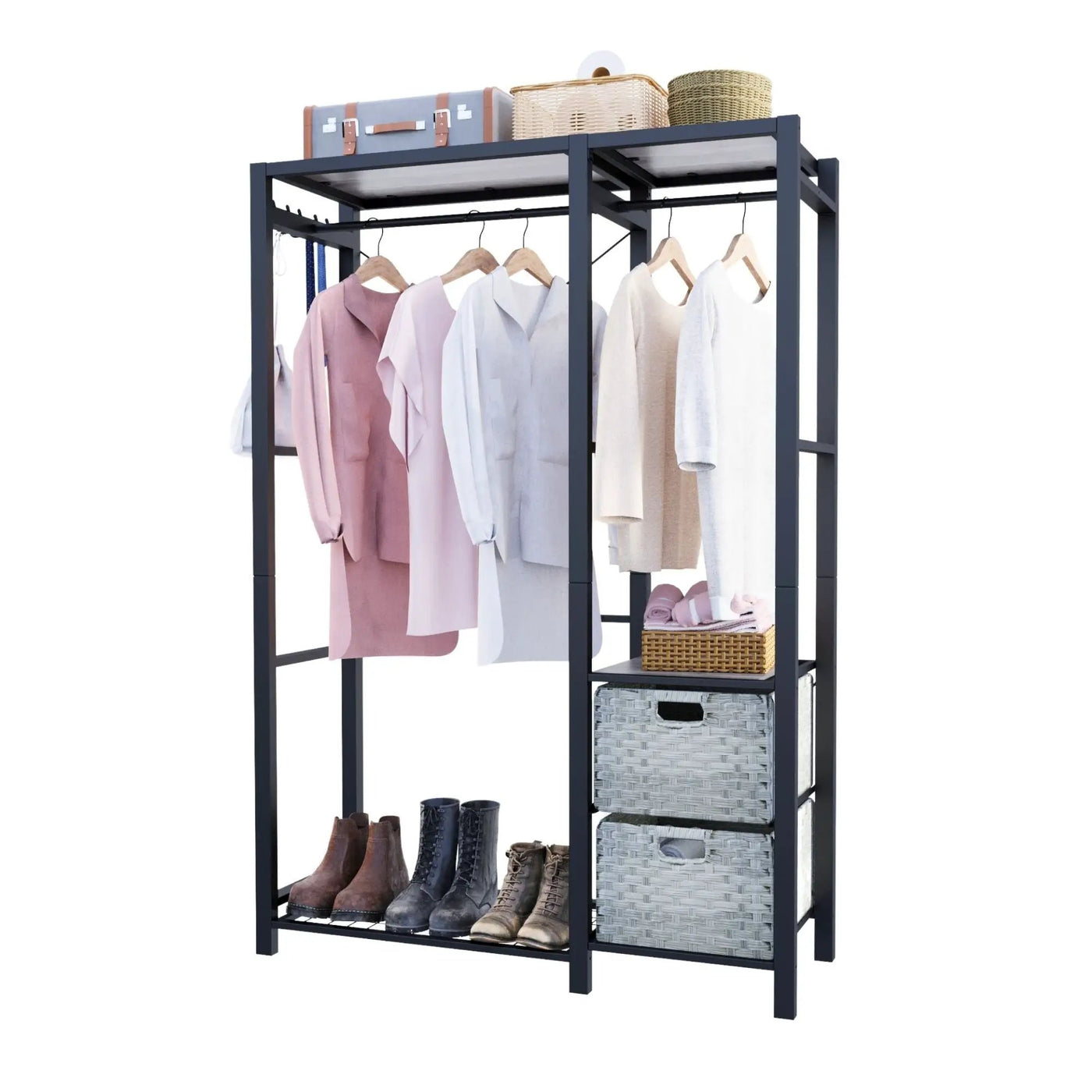 Garment Rack With Shelves, 2 Wicker Drawers, 4 Hooks Organizer by HouseOfZazla