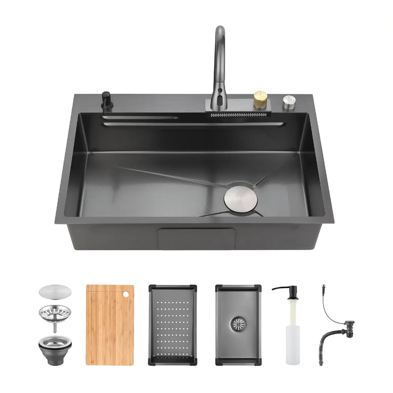 Waterfall Kitchen Sink, Stainless Steel Single Bowl by HouseOfZazla