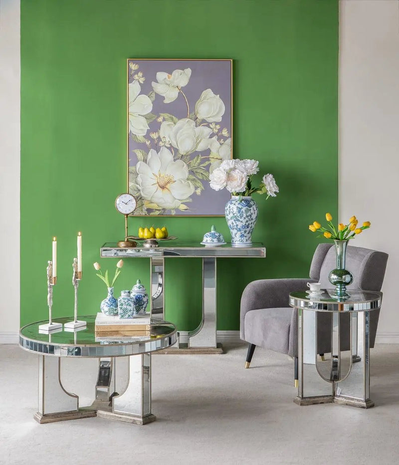 Rectangular Console Table With Elegant Floral Design And Mirrored - Silver Multi by HouseOfZazla