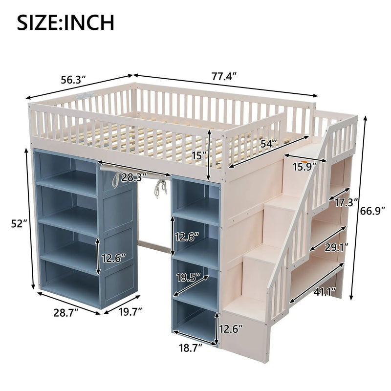 Full Size Loft Bed With 2 Four Layer Storage Cabinets And Curtain With Built In Staircase And Privacy Curtain - White by HouseOfZazla