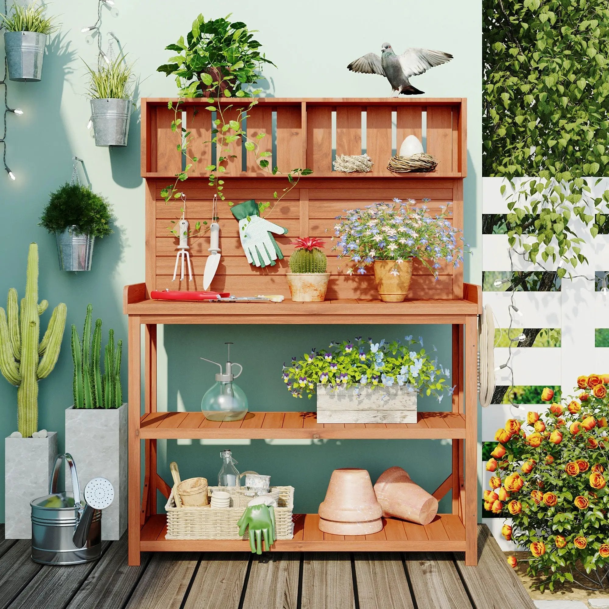 TOPMAX 65' Large Wooden Farmhouse Rustic Outdoor Potting Bench Table by HouseOfZazla