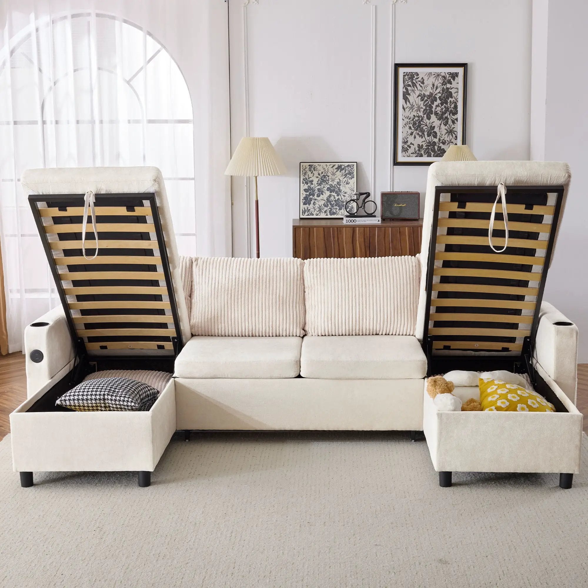 Sectional Sofa Bed With Pull Out Sleeper, USB Ports, Cup Holders by HouseOfZazla