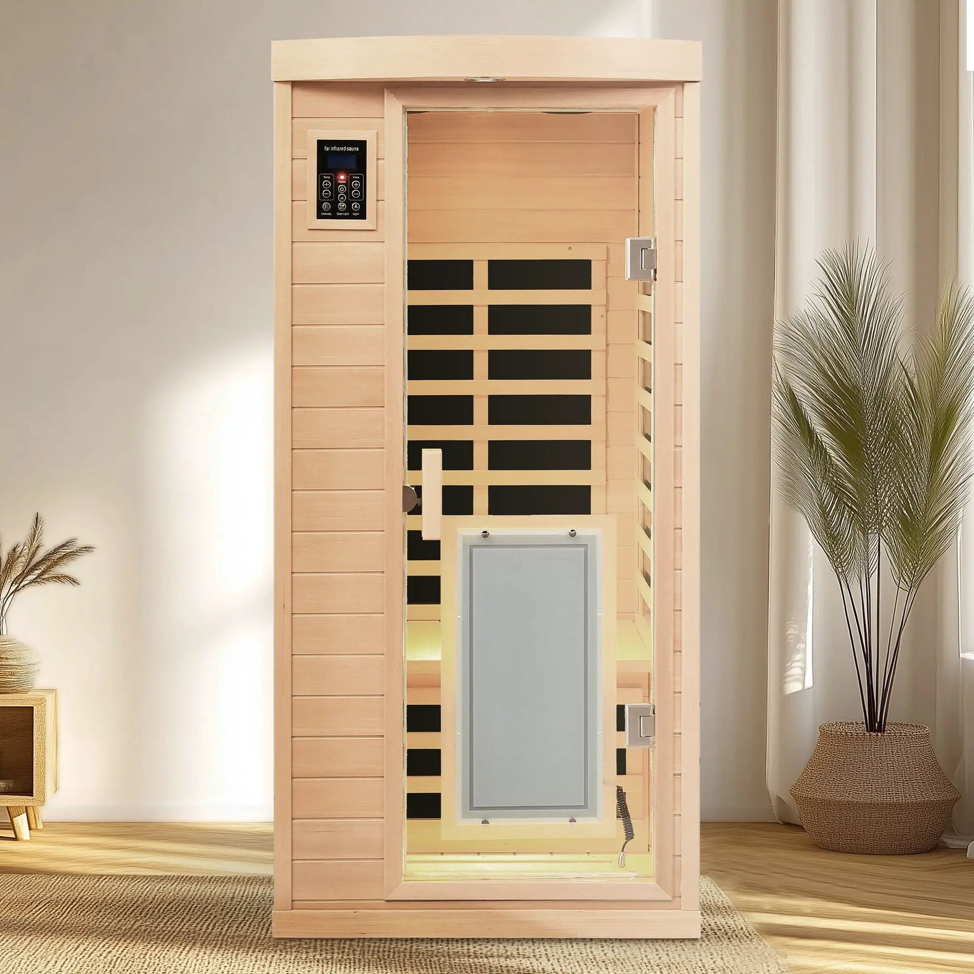 Low Emf Front Door With Heating Panel 1 People Hemlock Far Infrared Indoor Sauna Room - Natural by HouseOfZazla