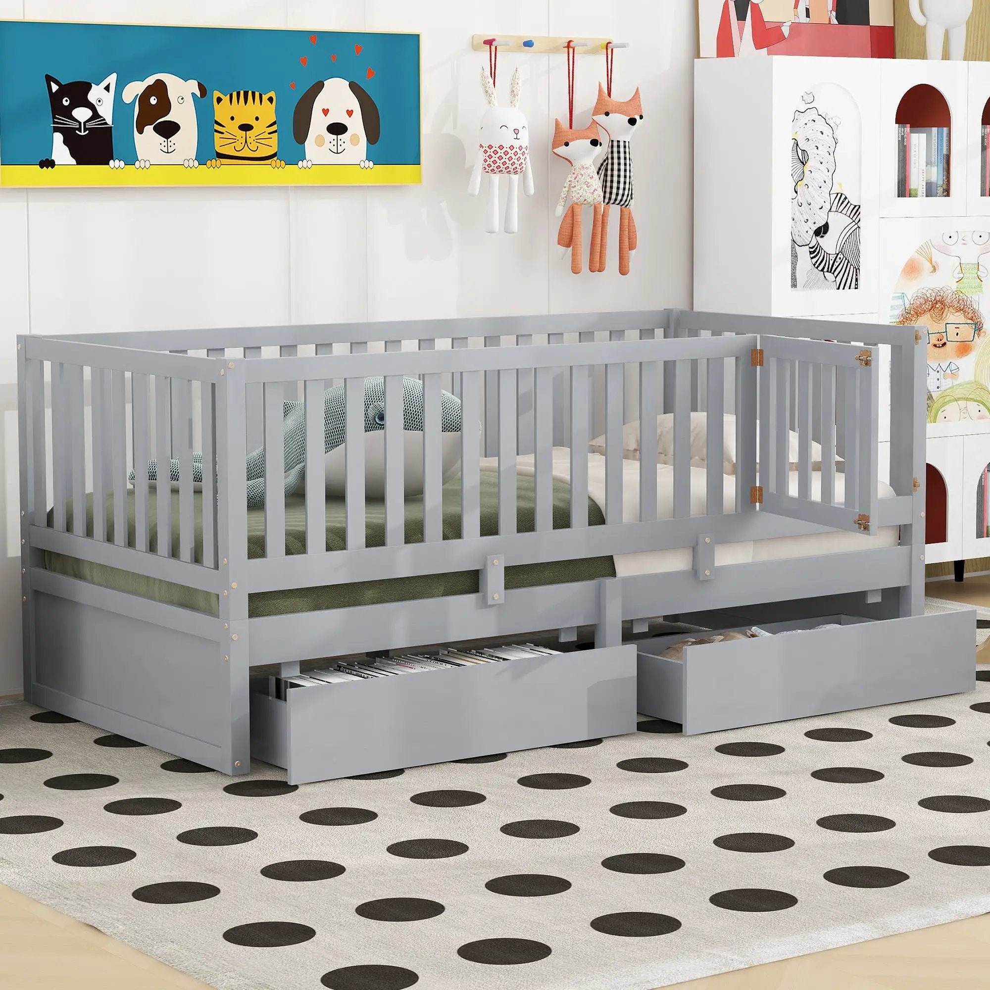 Daybed With Fence Guardrails And 2 Drawers, Split Into Independent Floor Bed & Daybed by HouseOfZazla