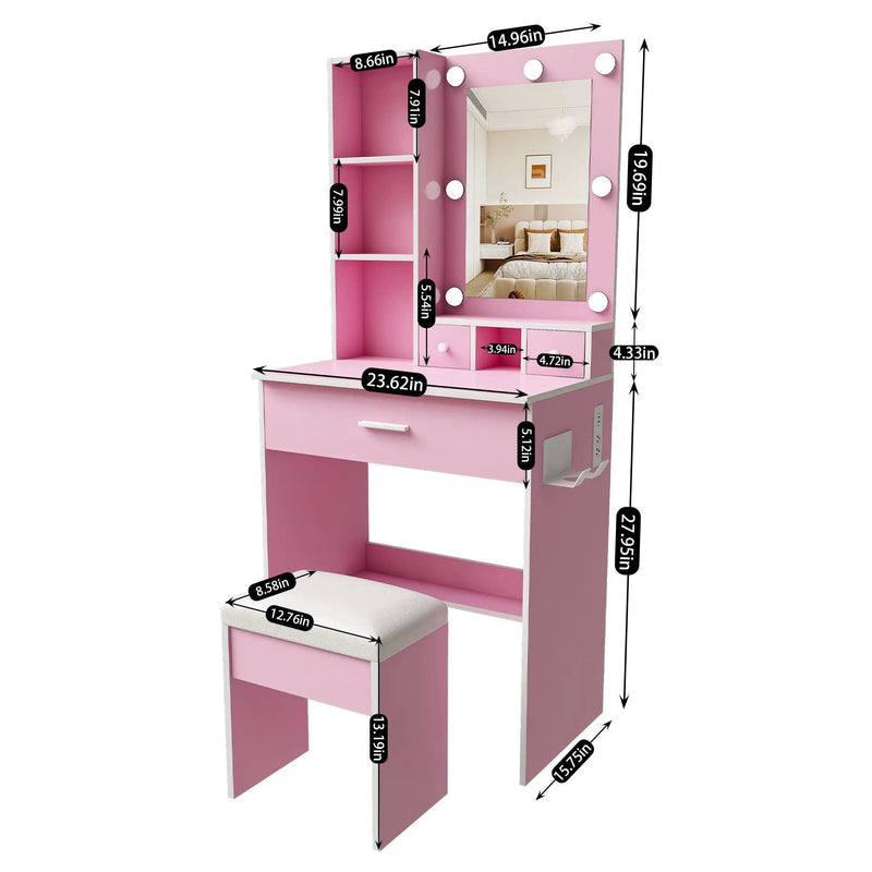 Vanity Table With Mirror, Adjustable LED Lights, Power Outlet, Hairdryer Holder & Stool by Unique Piece Furniture