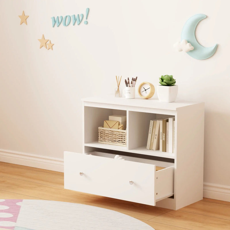 Toy Storage Organizer With Large Drawer And Low Bookshelf For Nursery & Playroom - White by Unique Piece Furniture