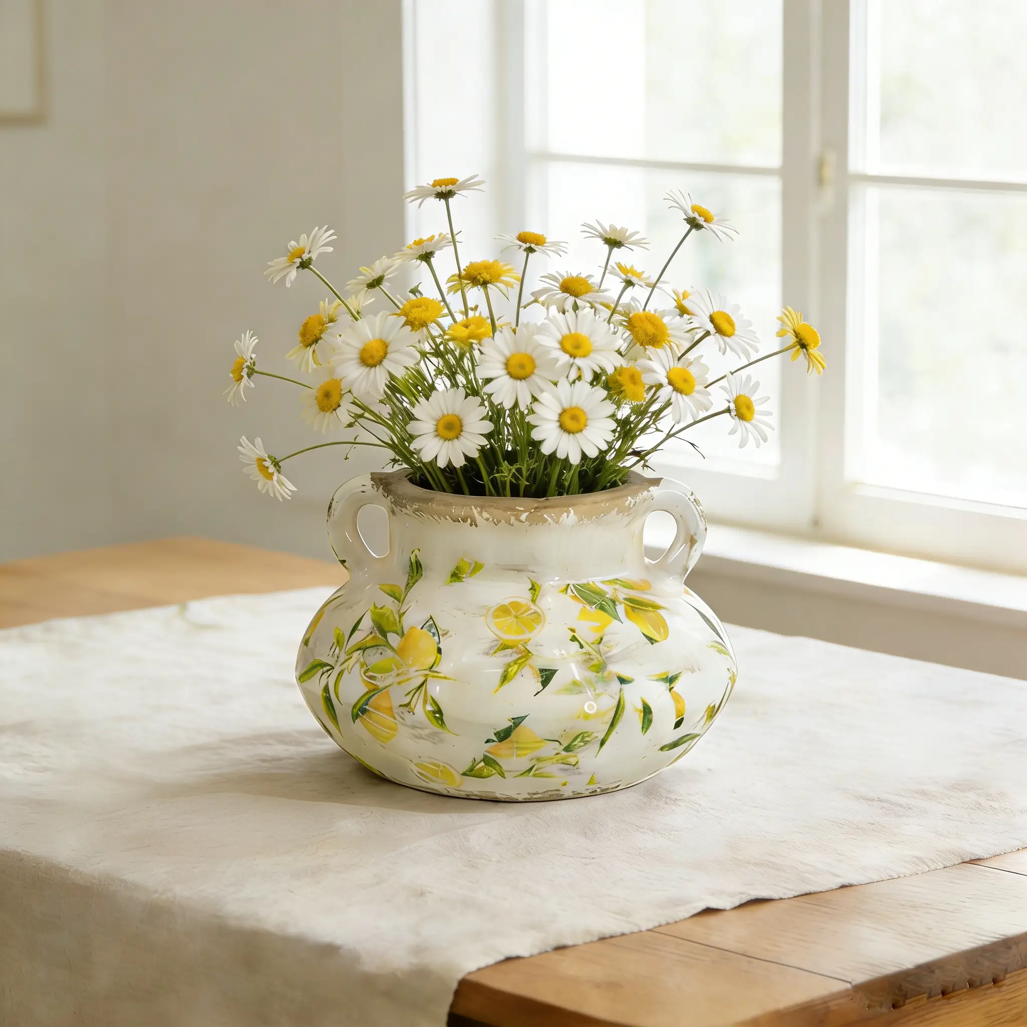 8.1x8.1x5.2" Ceramic Planter with Yellow Lemon and Green Leaf Motif by HouseOfZazla