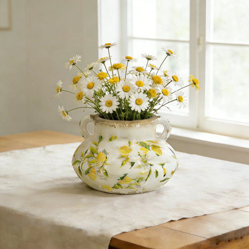8.1x8.1x5.2" Ceramic Planter with Yellow Lemon and Green Leaf Motif by HouseOfZazla