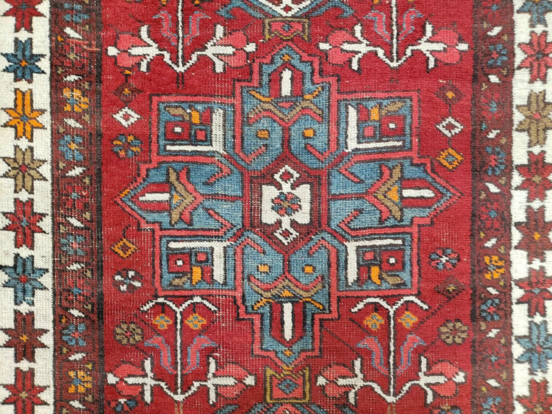 Antique Persian Heriz Karajeh Runner Rug 3x11, Hand-Knotted Red Geometric Medallions by Jewel Rugs