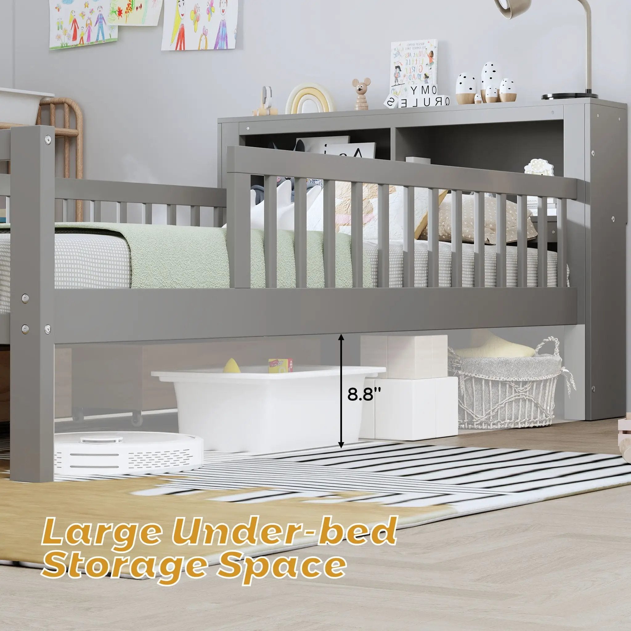 Bed With Headboard Storage Rack, 2 Under Bed Drawers, 3 Side Guardrails For Safety by Unique Piece Furniture