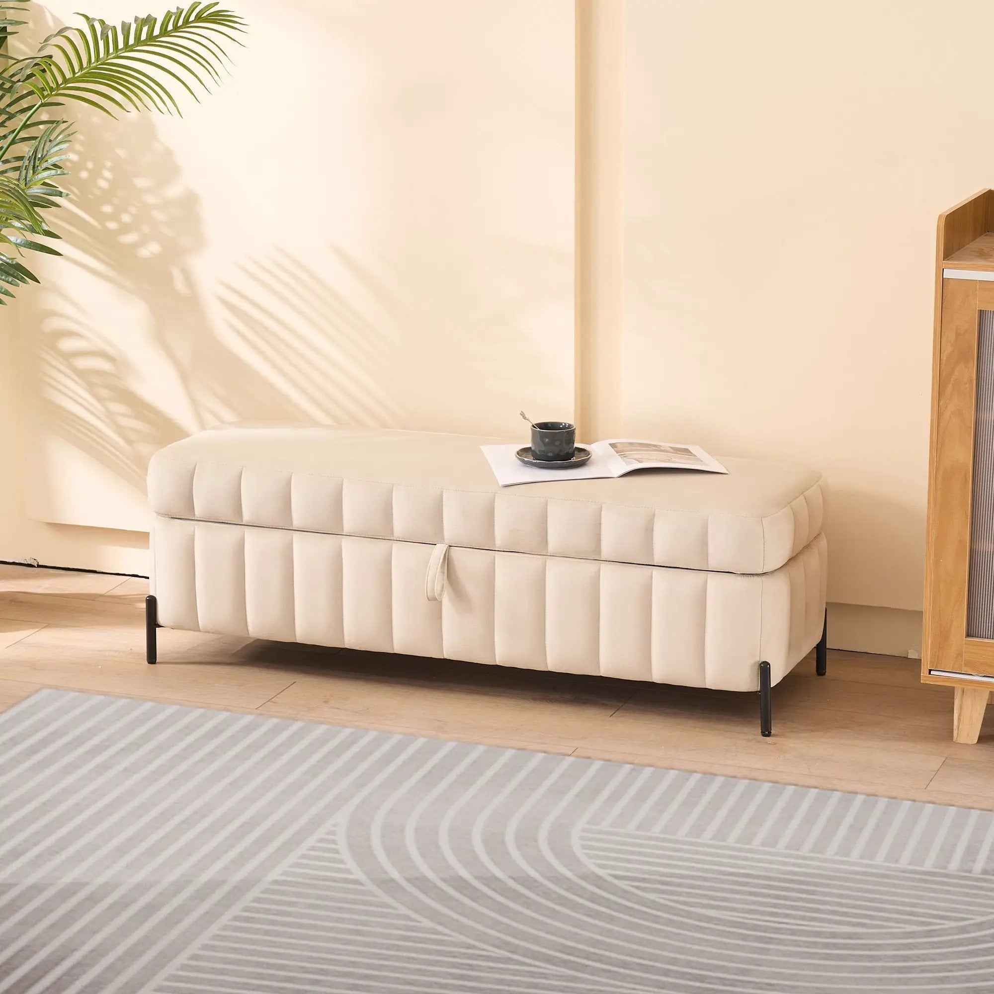 Wide Upholstered Storage Soft Bench Ottoman With Metal Legs by HouseOfZazla