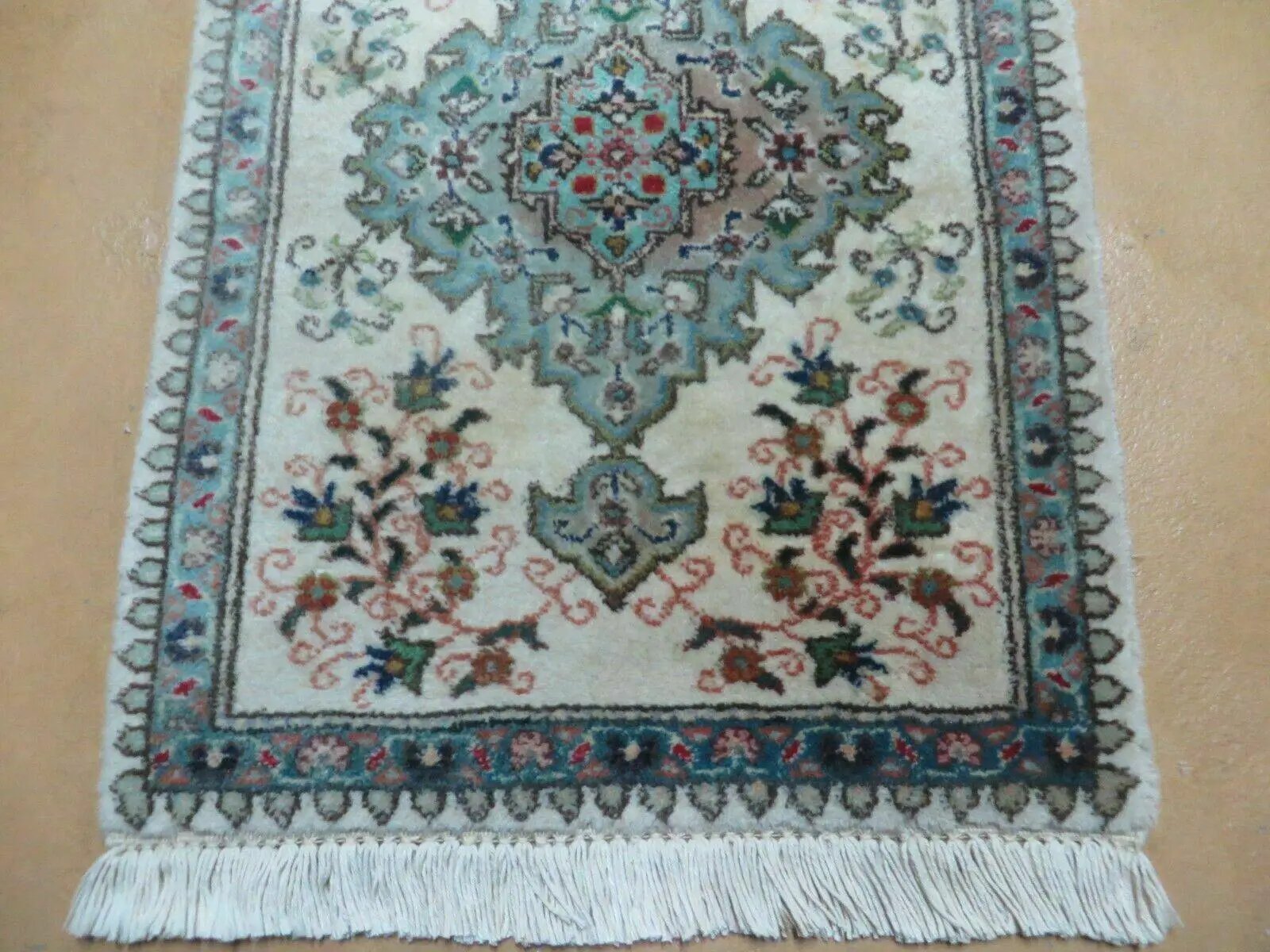 1' 9" X 2' 5" Handmade Indian Wool Rug Lahore Floral Design Small Oriental Rug Beige & Teal by Jewel Rugs
