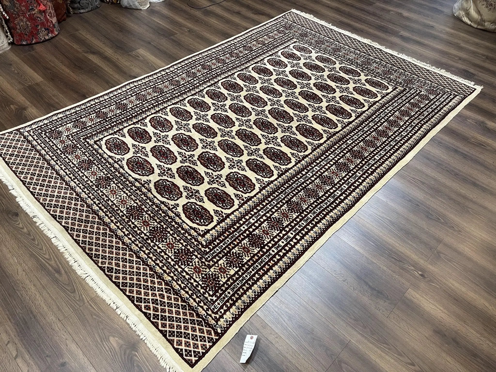 Pakistani Turkoman Rug 6x9, Cream and Red Hand Knotted Wool Oriental Carpet, Yamud Rug, Tribal Rug 6 x 9, Bohemian Area Rug, Bokhara Rug by Jewel Rugs