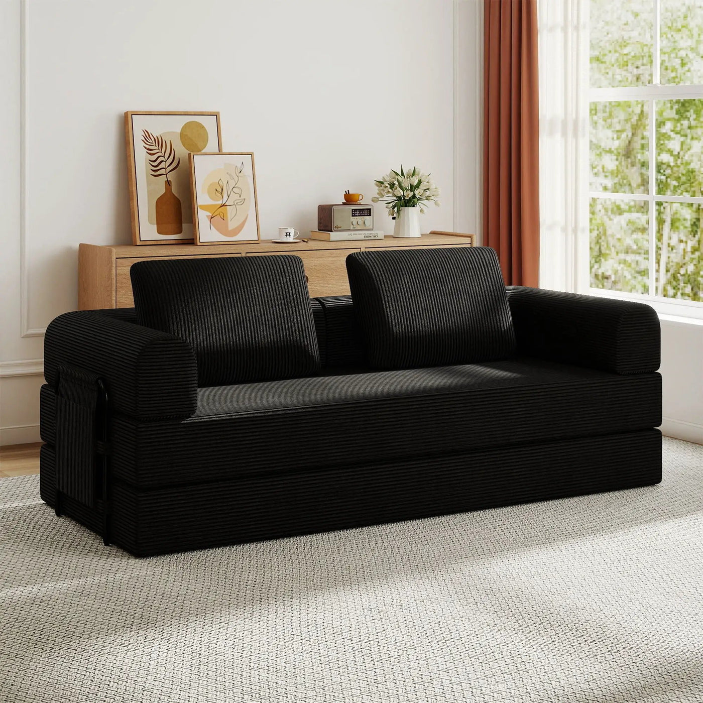 Convertible Sleeper Sofa Bed With Cylindrical Pillow, Fixed Shape Frame by Unique Piece Furniture