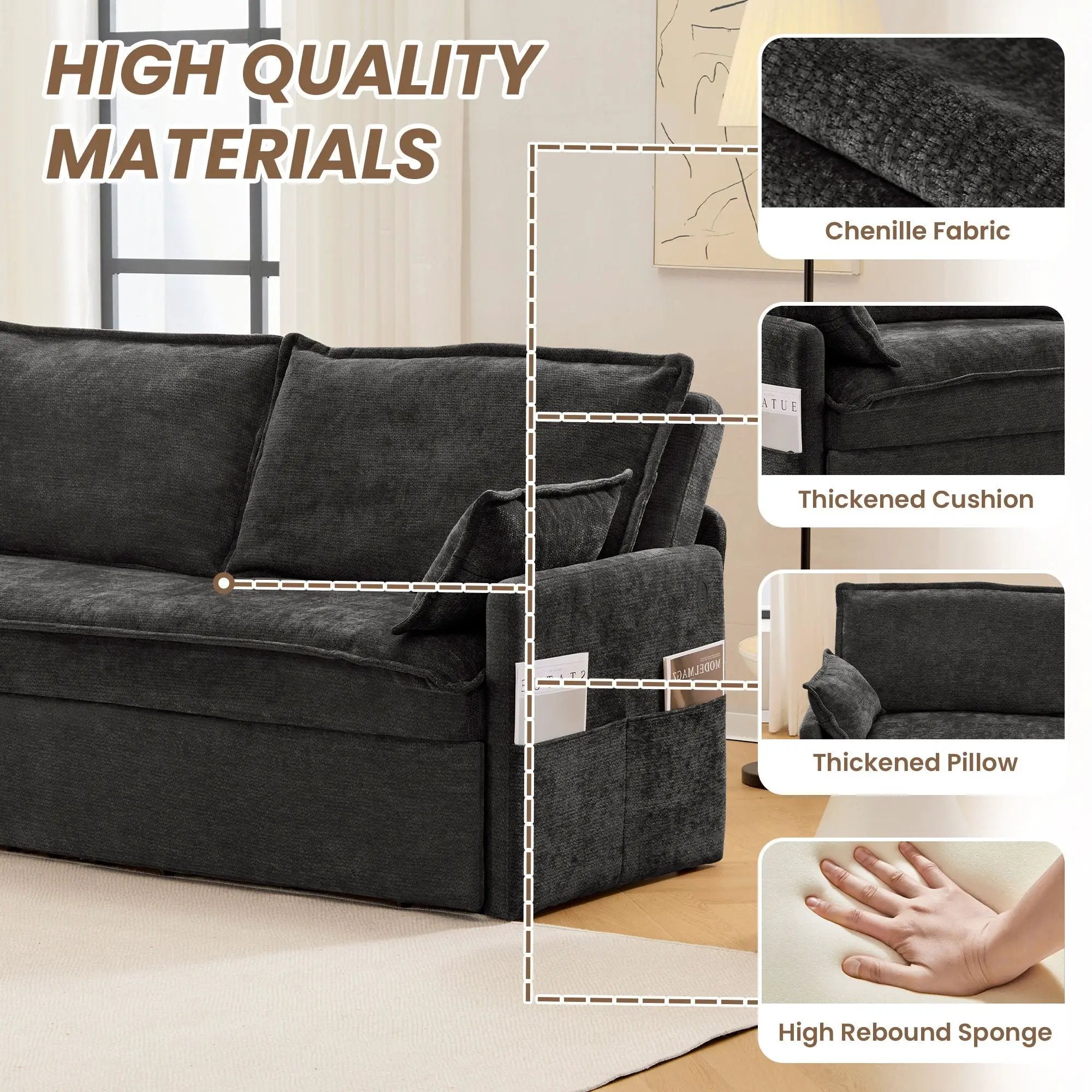 Pull Out Sofa Bed, Convertible Sleeper Sofa Couch, Side Storage, And USB / C - Type Charging Ports Chair by Unique Piece Furniture