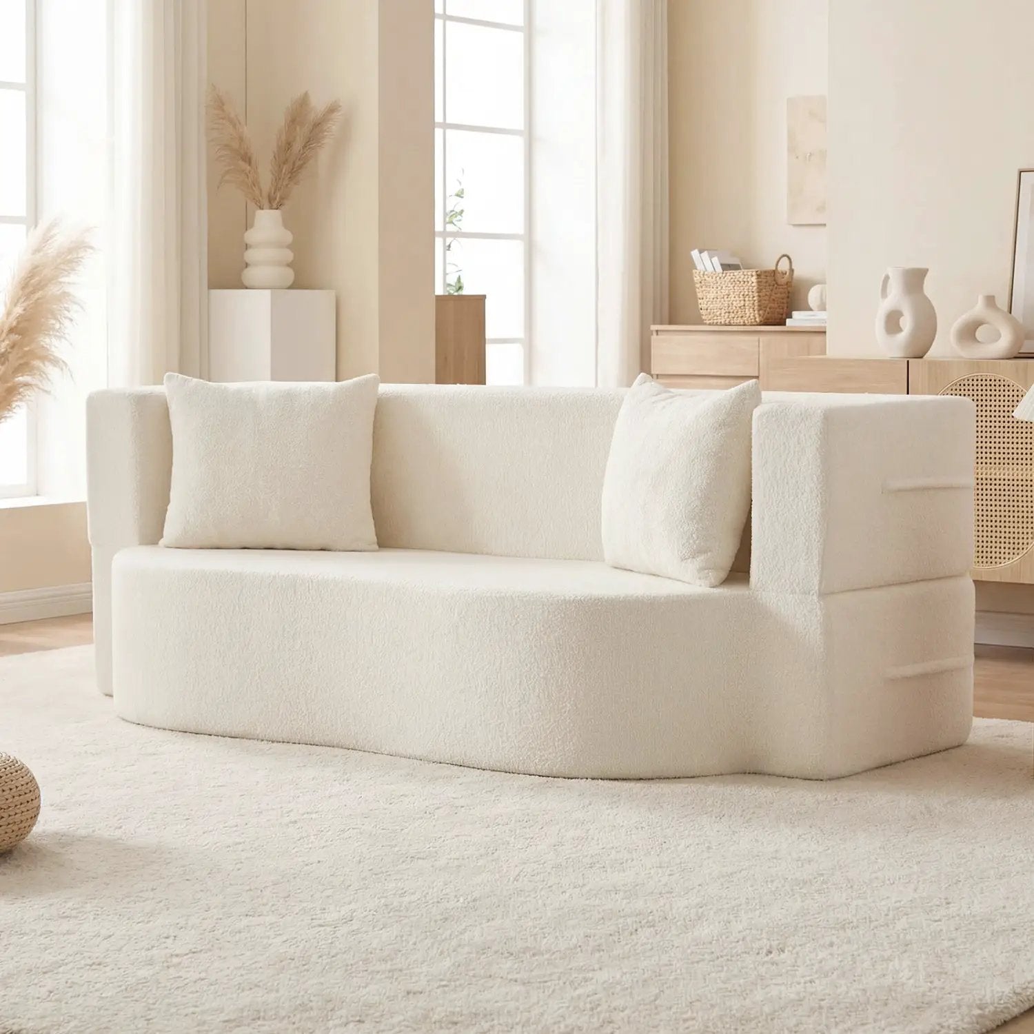 75.5 inch Folding Sofa Bed 2-in-1 Convertible Teddy Fleece Floor Loveseat with 2 Comfortable Pillows by DirectDeals