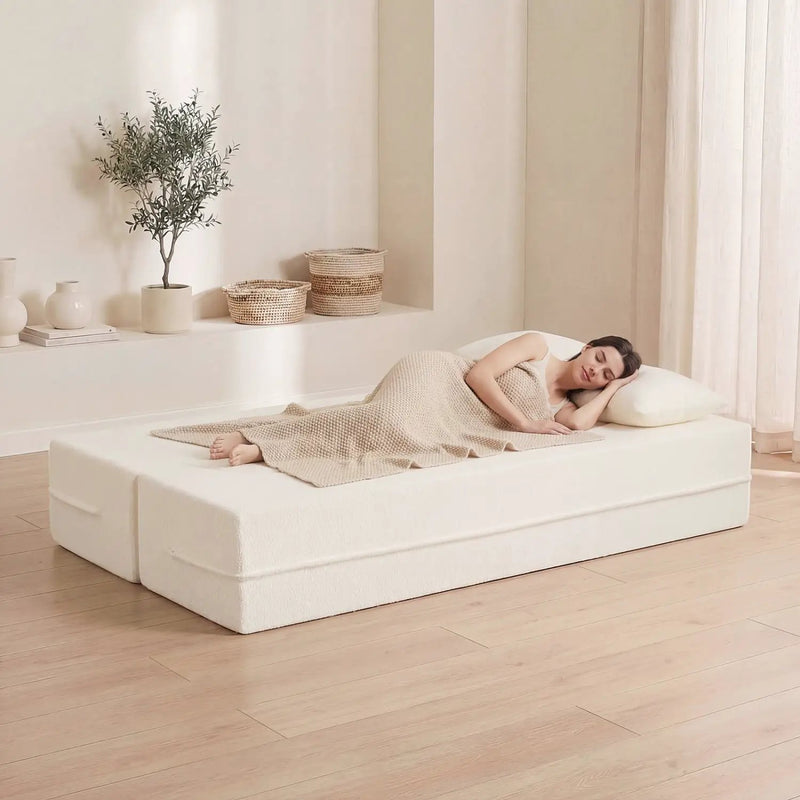 75.5 inch Folding Sofa Bed 2-in-1 Convertible Teddy Fleece Floor Loveseat with 2 Comfortable Pillows by DirectDeals