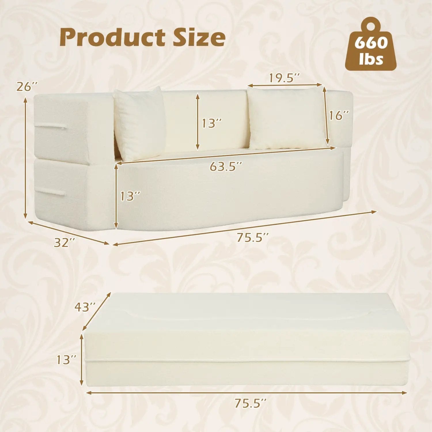75.5 inch Folding Sofa Bed 2-in-1 Convertible Teddy Fleece Floor Loveseat with 2 Comfortable Pillows by DirectDeals