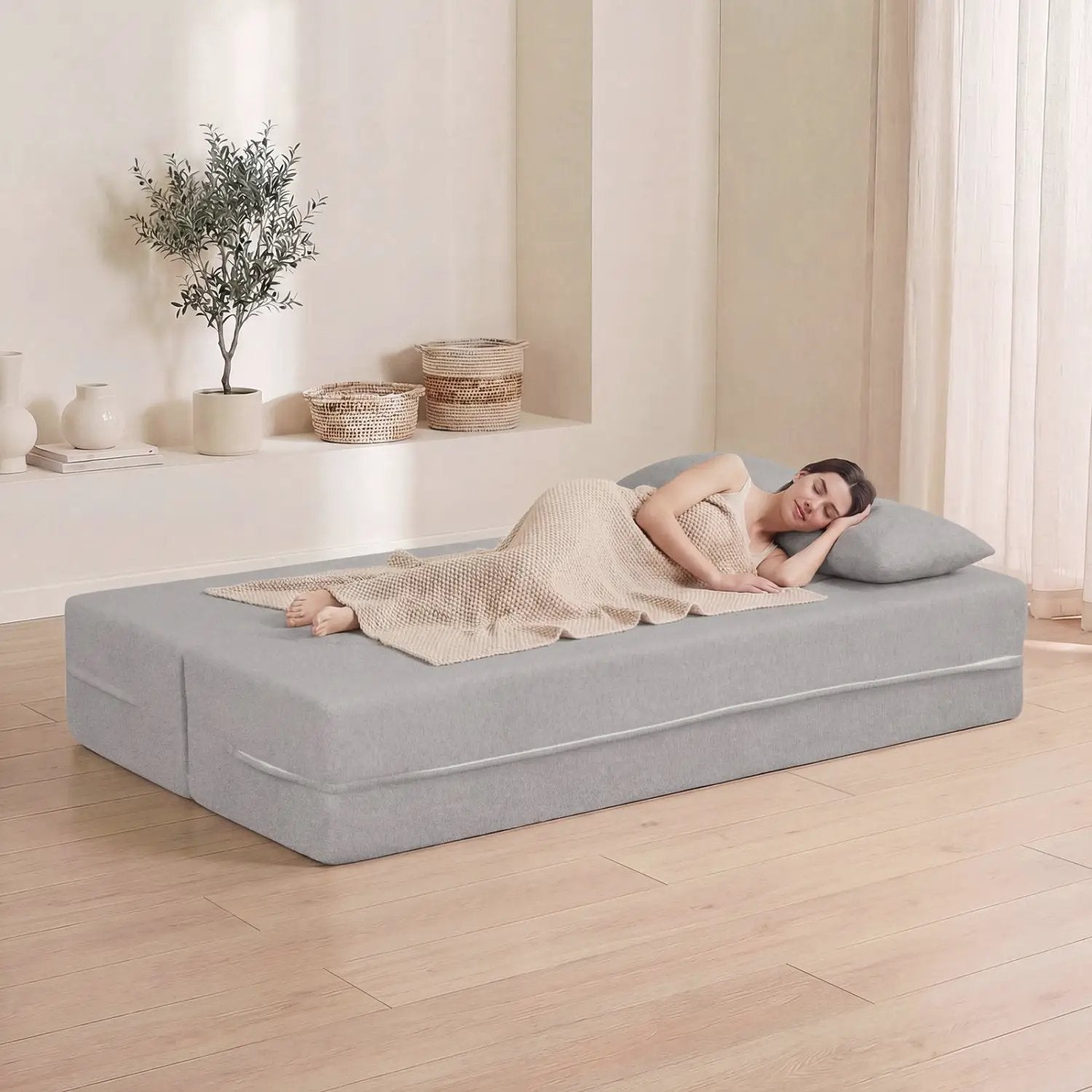 75.5 inch Folding Sofa Bed 2-in-1 Convertible Teddy Fleece Floor Loveseat with 2 Comfortable Pillows by DirectDeals
