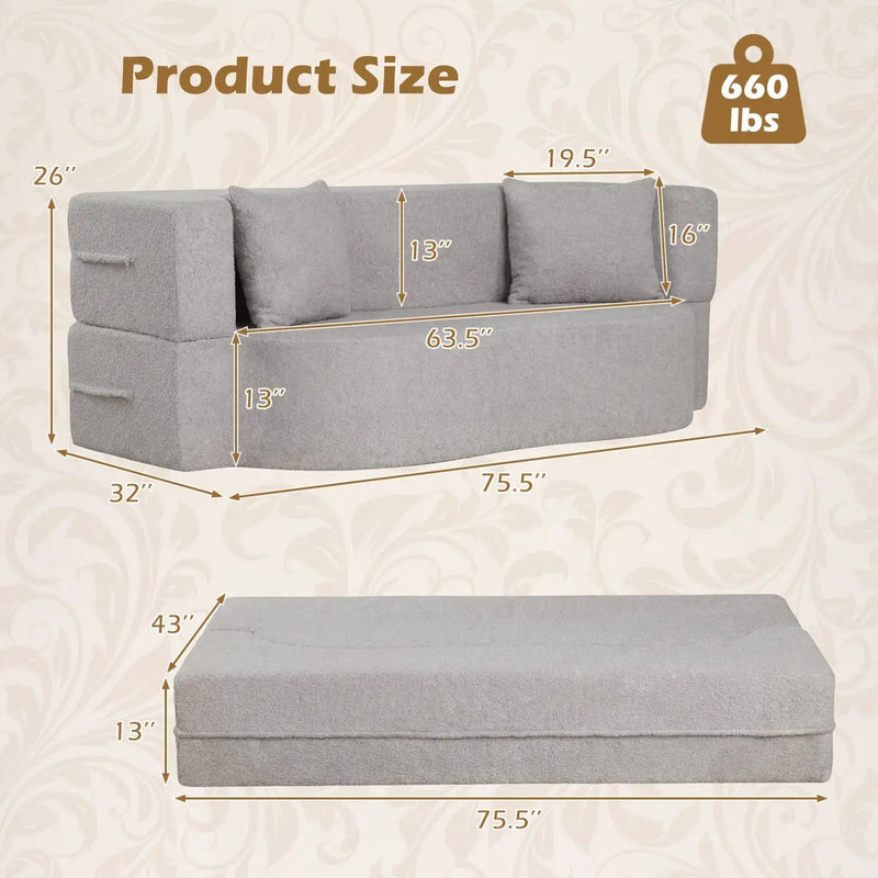 75.5 inch Folding Sofa Bed 2-in-1 Convertible Teddy Fleece Floor Loveseat with 2 Comfortable Pillows by DirectDeals