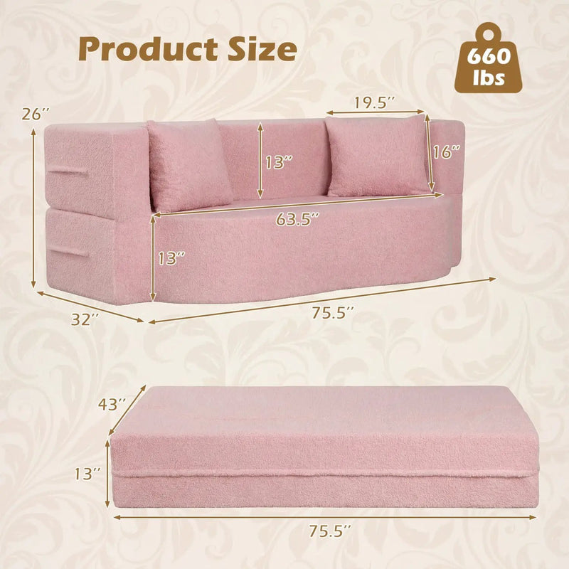 75.5 inch Folding Sofa Bed 2-in-1 Convertible Teddy Fleece Floor Loveseat with 2 Comfortable Pillows by DirectDeals