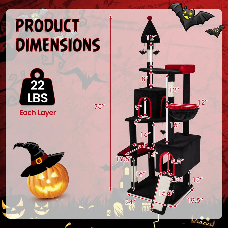 75 Inch Gothic Cat Tree with 2 Condos and Top Perch for Large Cats 20+ LBS by DirectDeals