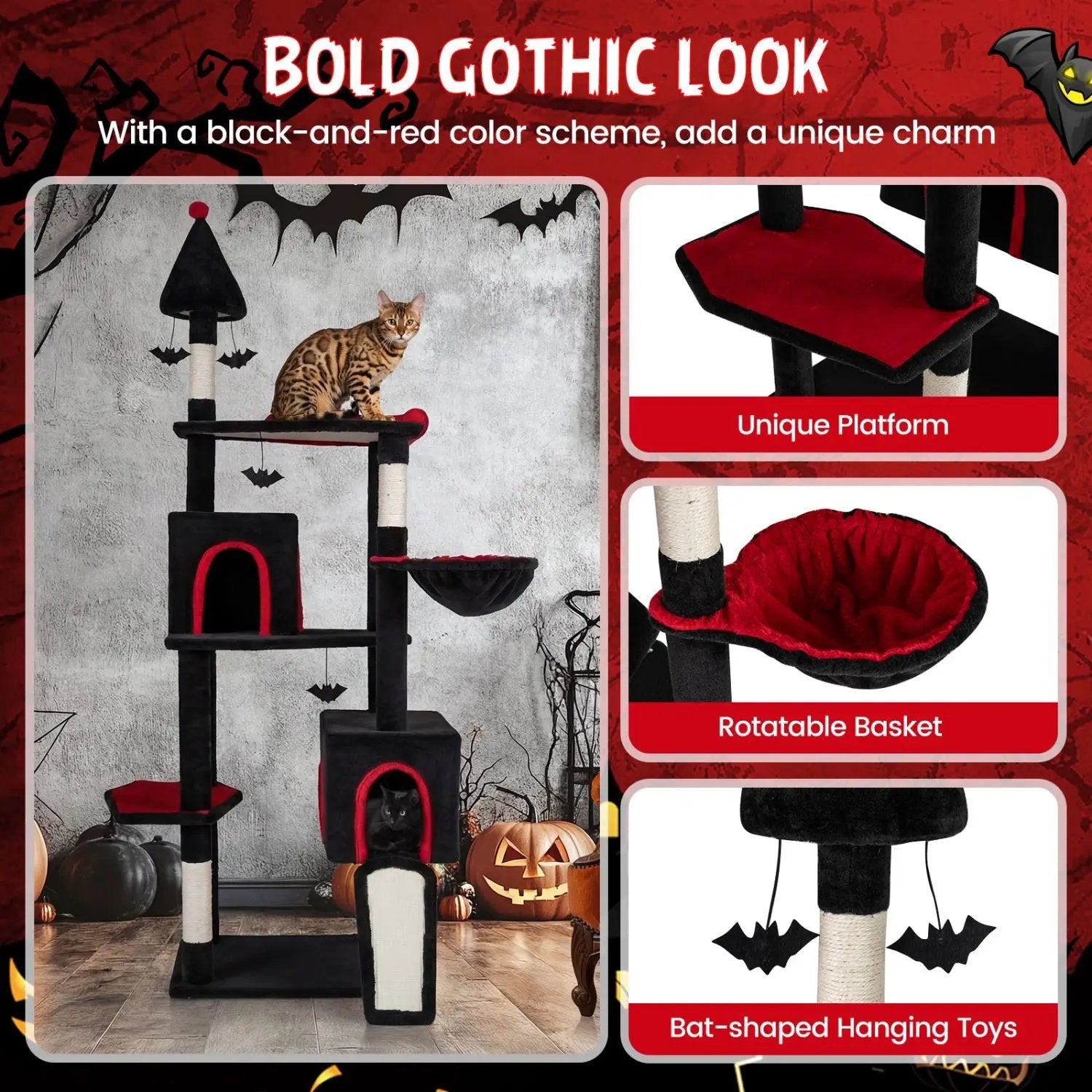 75 Inch Gothic Cat Tree with 2 Condos and Top Perch for Large Cats 20+ LBS by DirectDeals