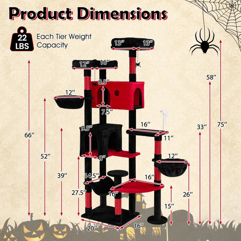 Gothic Cat Tree 75 Inch with Dual Perches and Houses by DirectDeals
