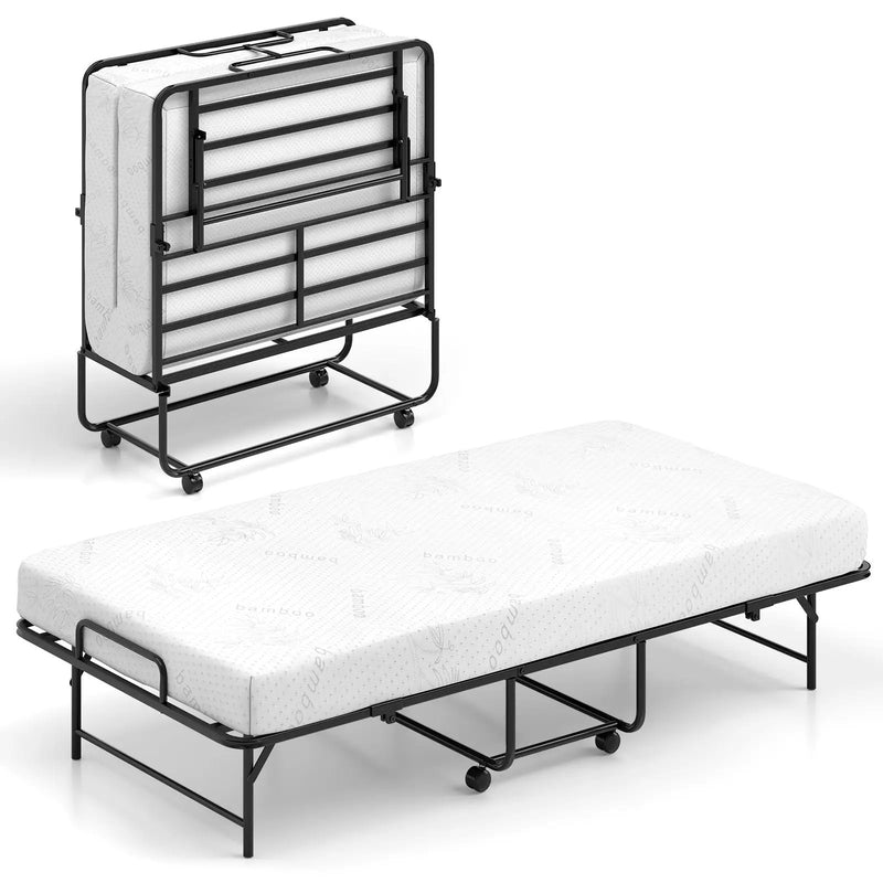 75 x 38 Inch Folding Bed with Mattress Twin Size Rolling Guest Bed by DirectDeals