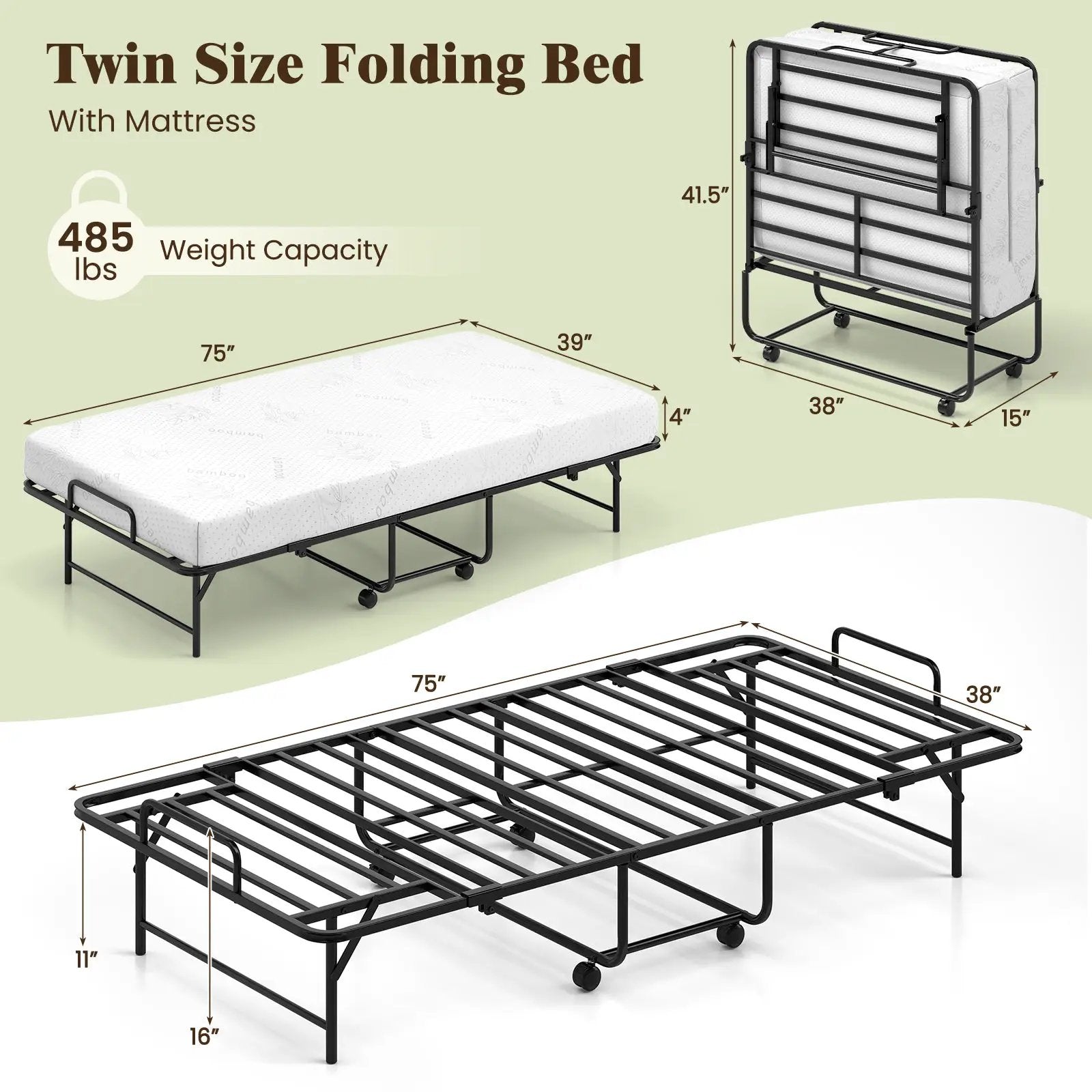 75 x 38 Inch Folding Bed with Mattress Twin Size Rolling Guest Bed by DirectDeals