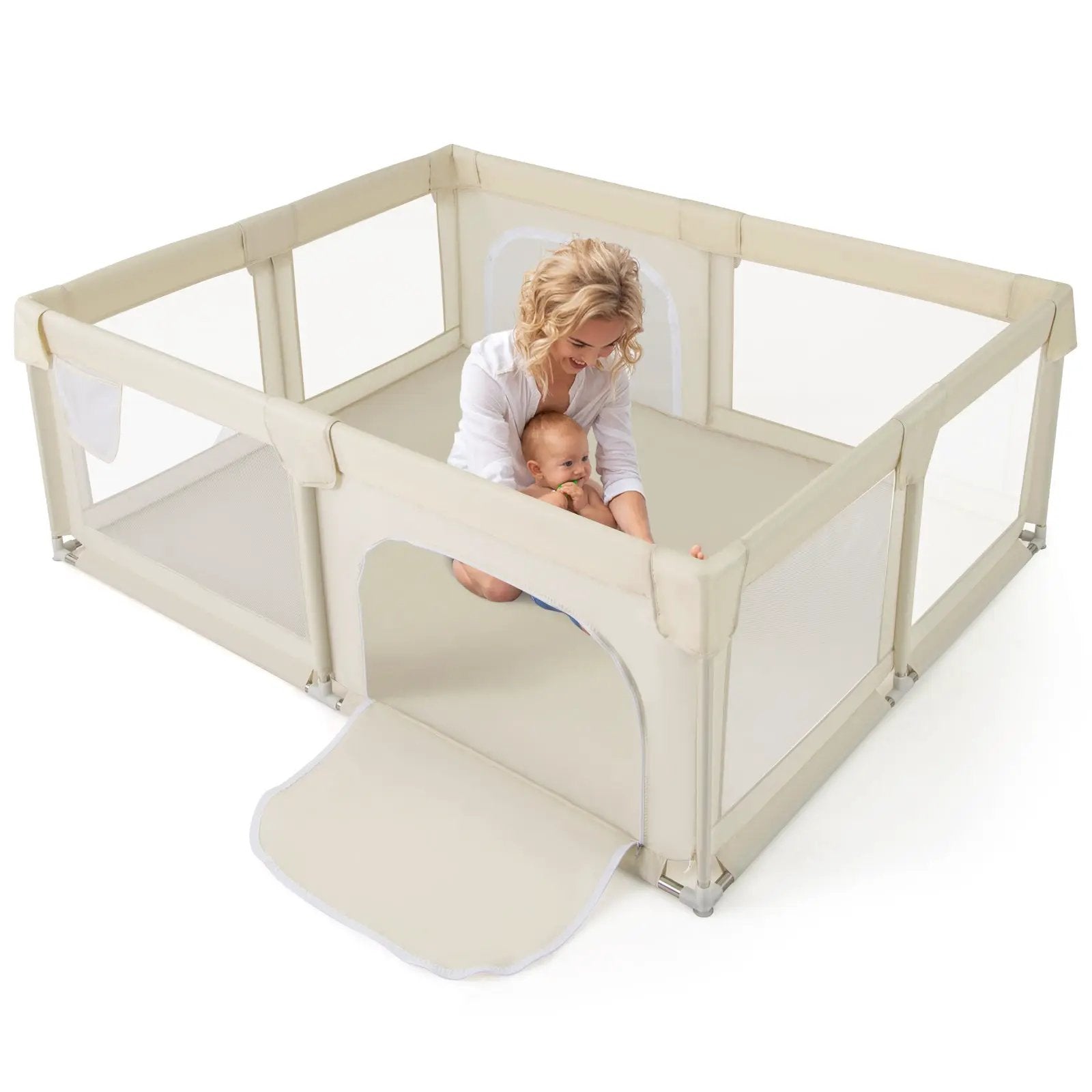 75 x 59 Inch Large Baby Playpen with Breathable Mesh and Zipper Doors-Beige by DirectDeals