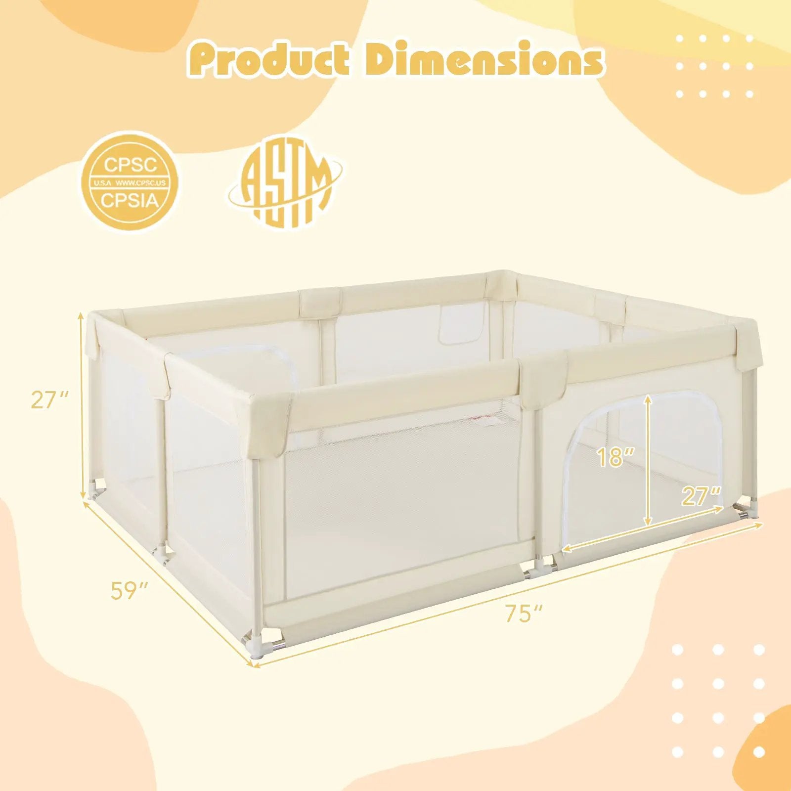 75 x 59 Inch Large Baby Playpen with Breathable Mesh and Zipper Doors-Beige by DirectDeals
