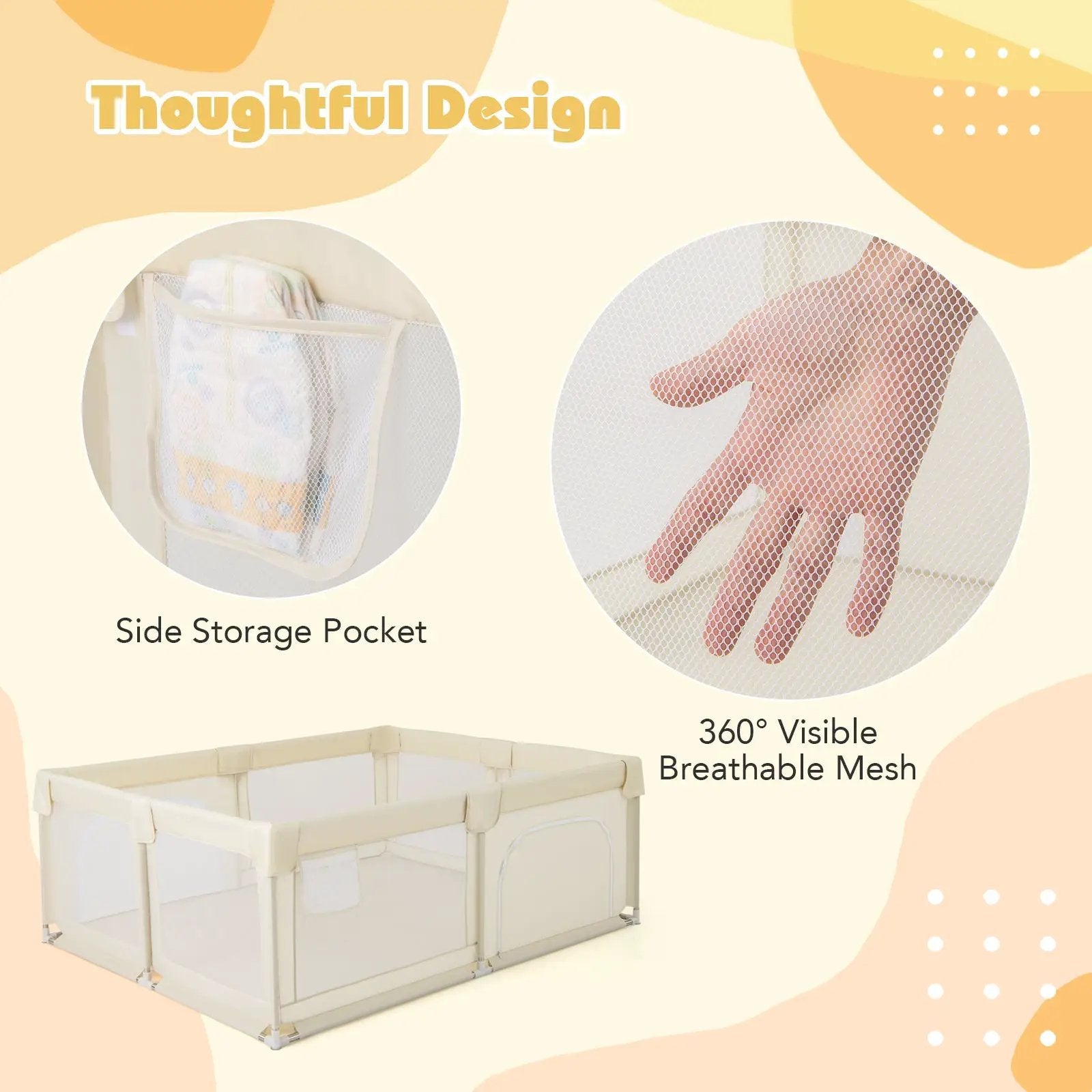 75 x 59 Inch Large Baby Playpen with Breathable Mesh and Zipper Doors-Beige by DirectDeals