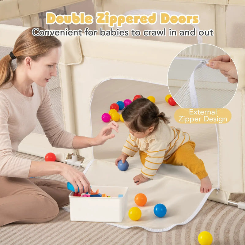 75 x 59 Inch Large Baby Playpen with Breathable Mesh and Zipper Doors-Beige by DirectDeals