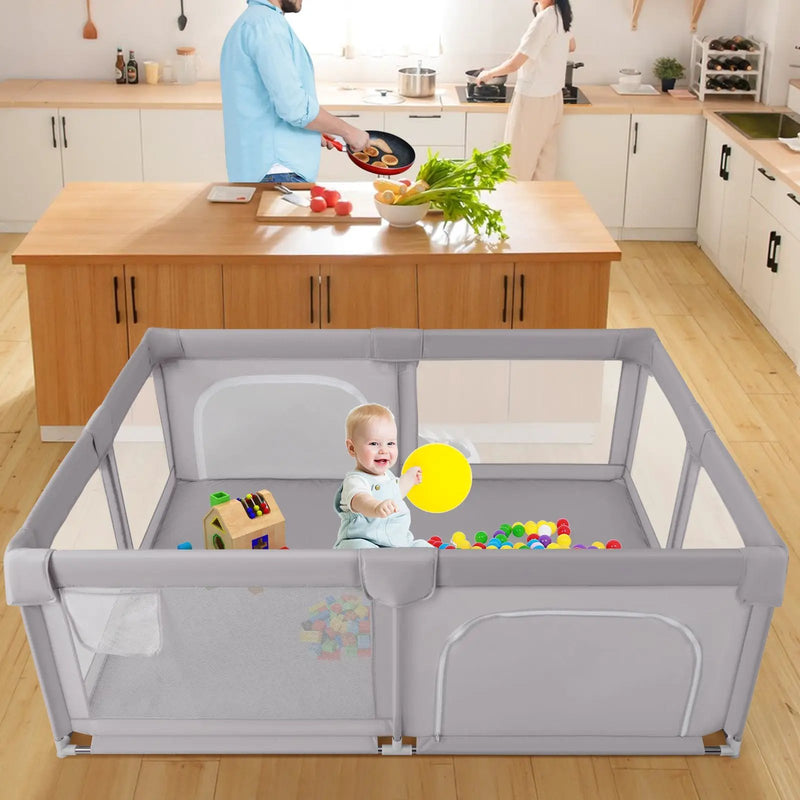 75 x 59 Inch Large Baby Playpen with Breathable Mesh and Zipper Doors-Gray by DirectDeals