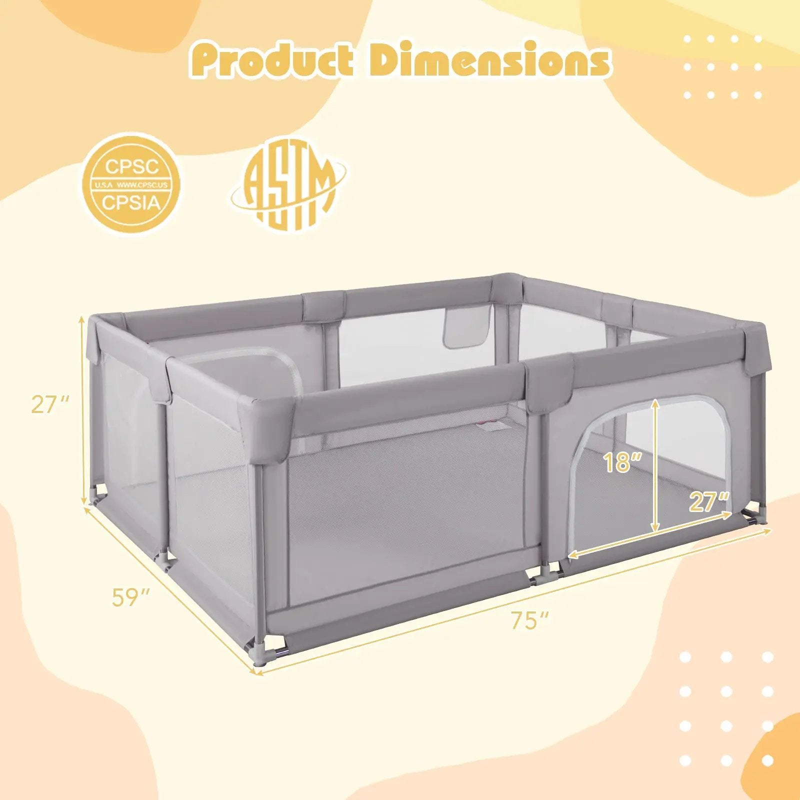 75 x 59 Inch Large Baby Playpen with Breathable Mesh and Zipper Doors-Gray by DirectDeals