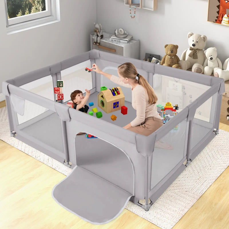 75 x 59 Inch Large Baby Playpen with Breathable Mesh and Zipper Doors-Gray by DirectDeals