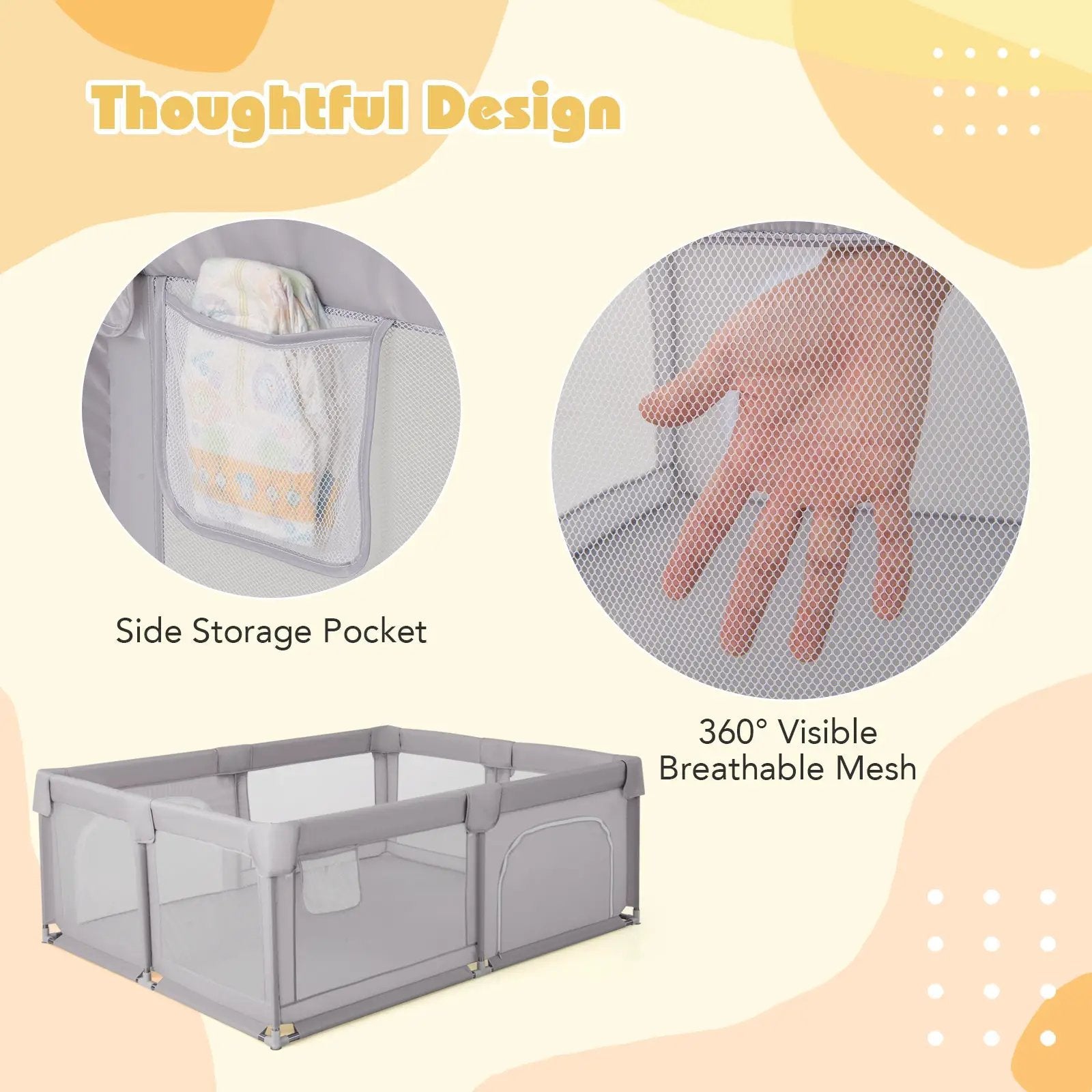 75 x 59 Inch Large Baby Playpen with Breathable Mesh and Zipper Doors-Gray by DirectDeals