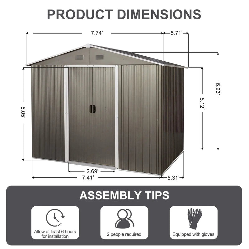 8Ft x 6Ft Outdoor Metal Storage Shed With Floor Base (SKU: W540S00012) - Gray by HouseOfZazla