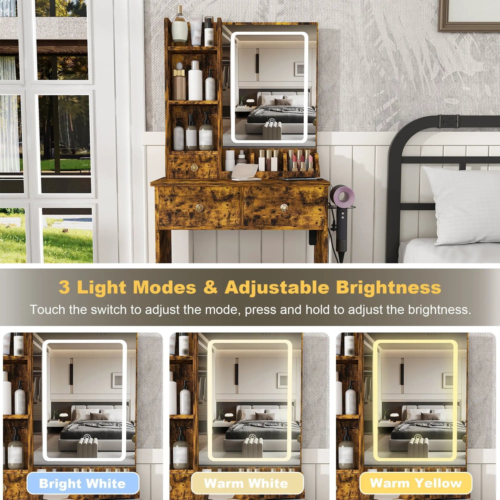 Modern Small Vanity Desk With 3 LED Lighting Modes, 3 Drawers by Unique Piece Furniture