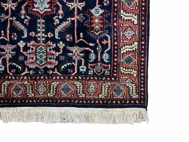4x6 Vintage Handmade Wool Geometric Rug Organic Dyes Blue Red Hand-Knotted Rug by Jewel Rugs