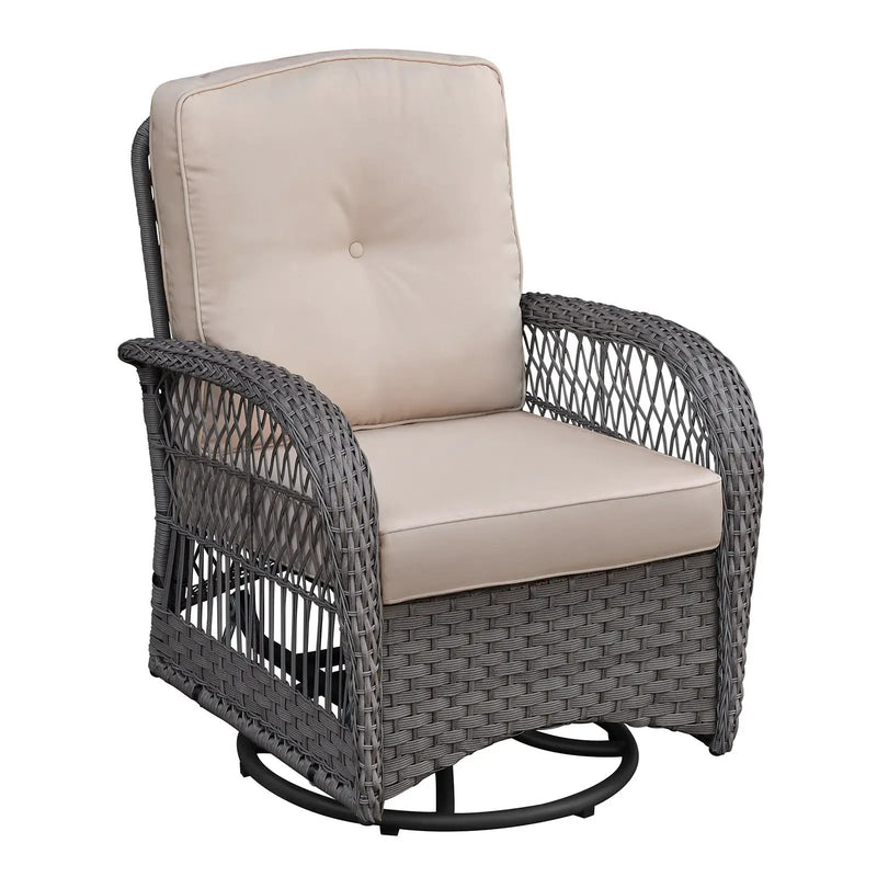 3 Pieces Conversation Set, Outdoor Wicker Rocker Swivel Patio Bistro Set, Rocking Chair with Glass Top Side Table, Grey by HouseOfZazla